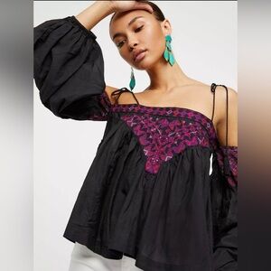 Free People Vacay Vibin' Cold Shoulder Top Black/Purple Medium NWT